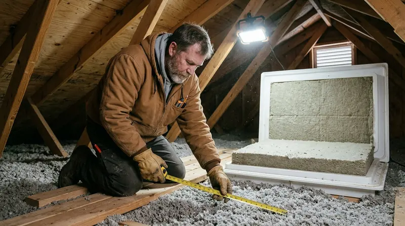 Artisan RGE mesurant l'épaisseur d'isolant dans des combles perdus dans le Drôme